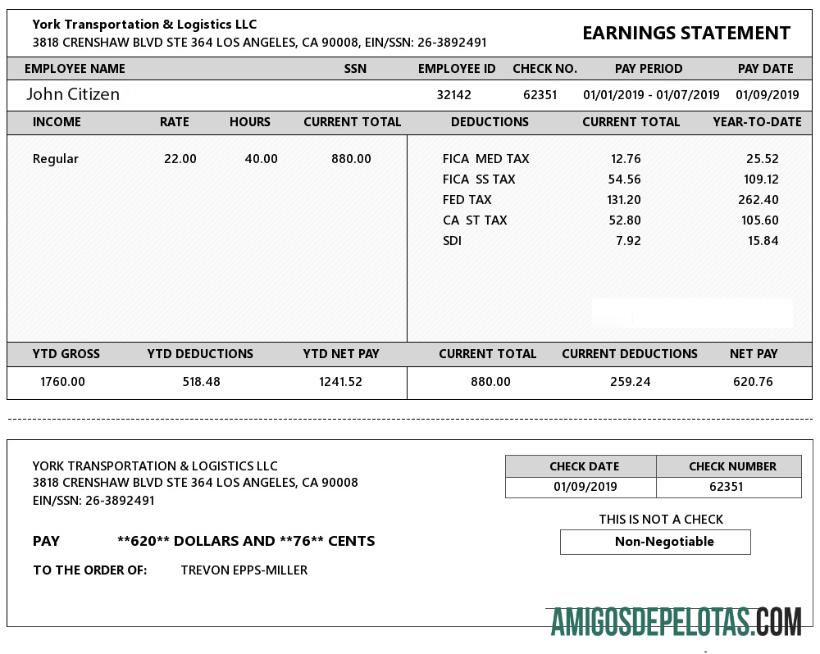 Declaração de ganhos da USA YORK Transportation & Logistics LLC em formatos Word e PDF exemplo